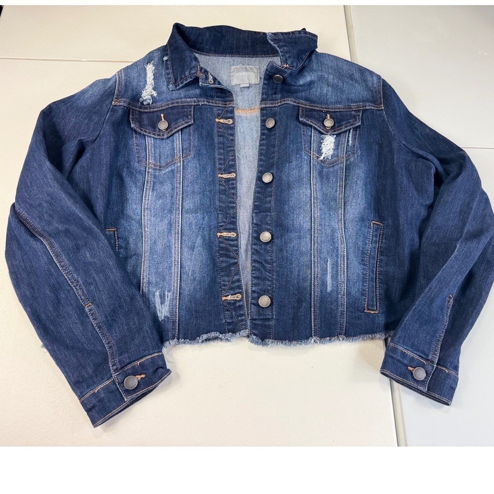 Lovesick Distressed Denim Jacket Cropped Blue Jean Jacket Raw Hem Juniors 1